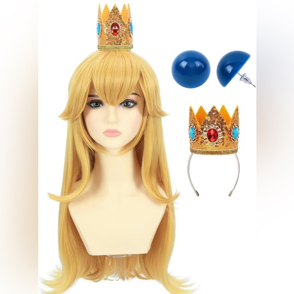 Other - Princess Peach Inspired Wig Set - Adult Halloween Costume Wig w/Crown & Earrings